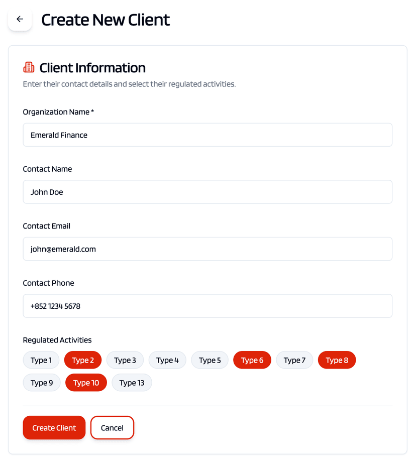 Screenshot of form to add clients